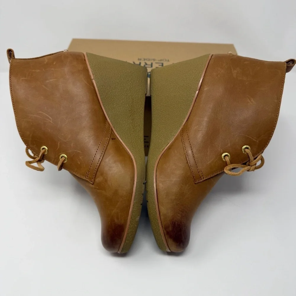 Sperry Harlow Burnished Wedge Booties Brown Leather Lace Up Ankle Boots Size 9